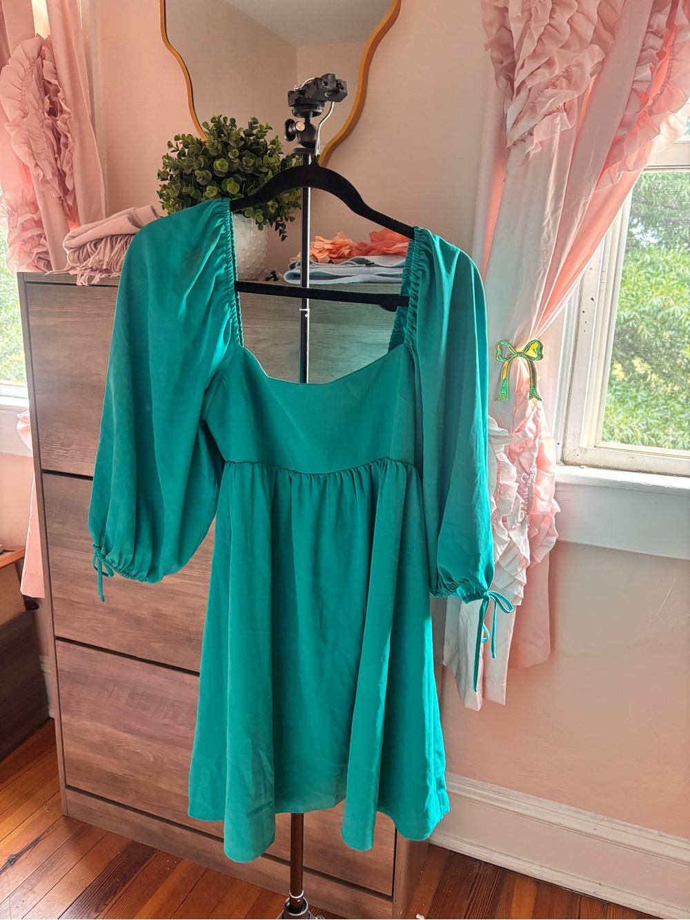 Amanda Uprichard Teal Puff-Sleeve Square Neck Dress